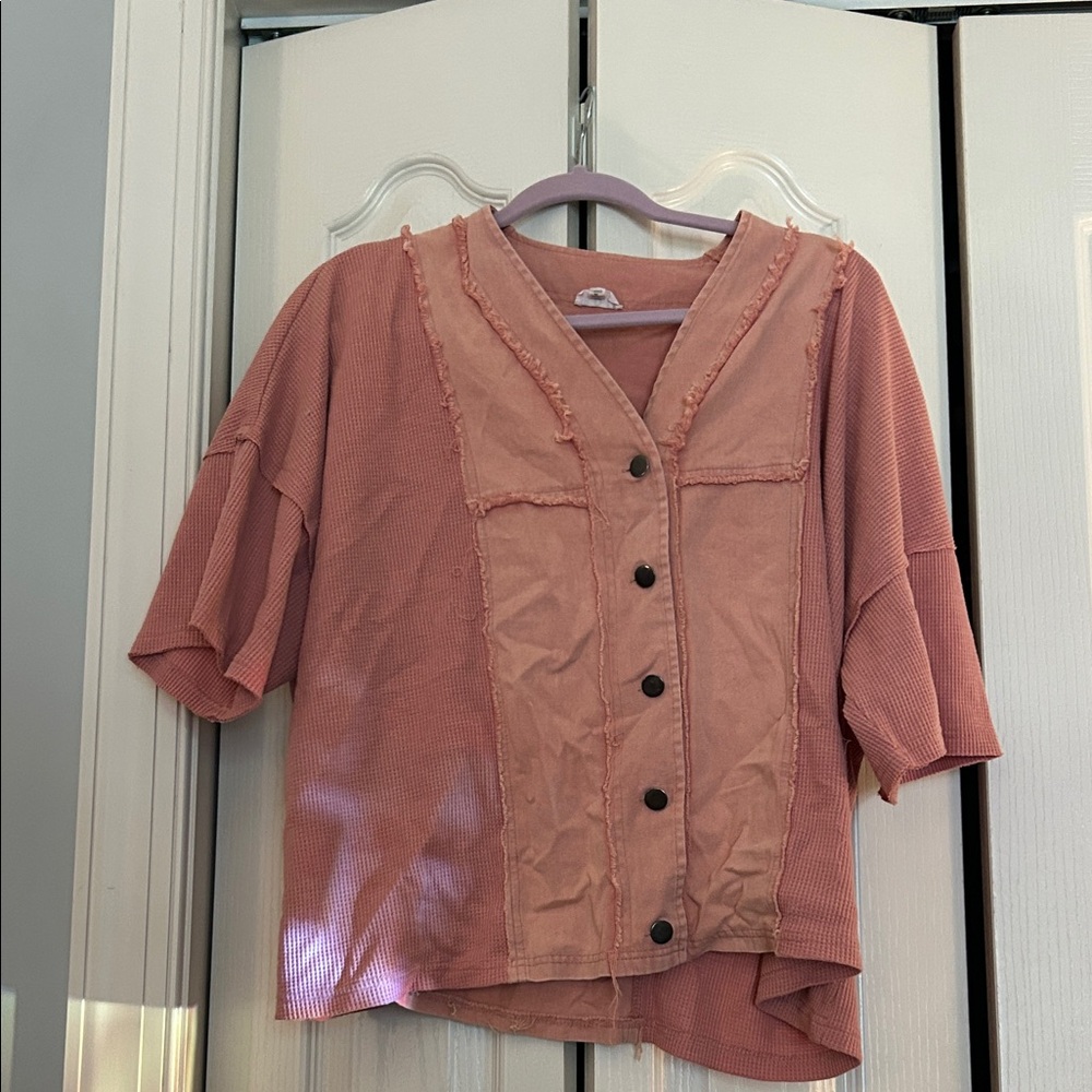 POL Dusty Pink Frayed Button-Up Shirt
